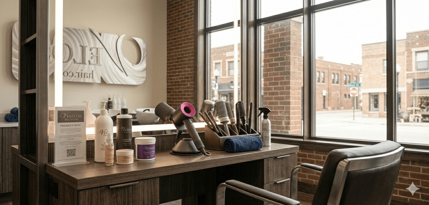 Velo Co. interior — individual styling stations in the Royal Oak studio
